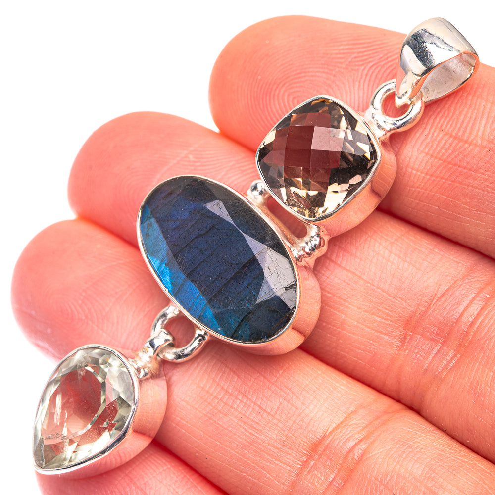 Labradorite, White Quartz, Smoky Quartz Pendant 2 1/8" (925 Sterling Silver) P38694