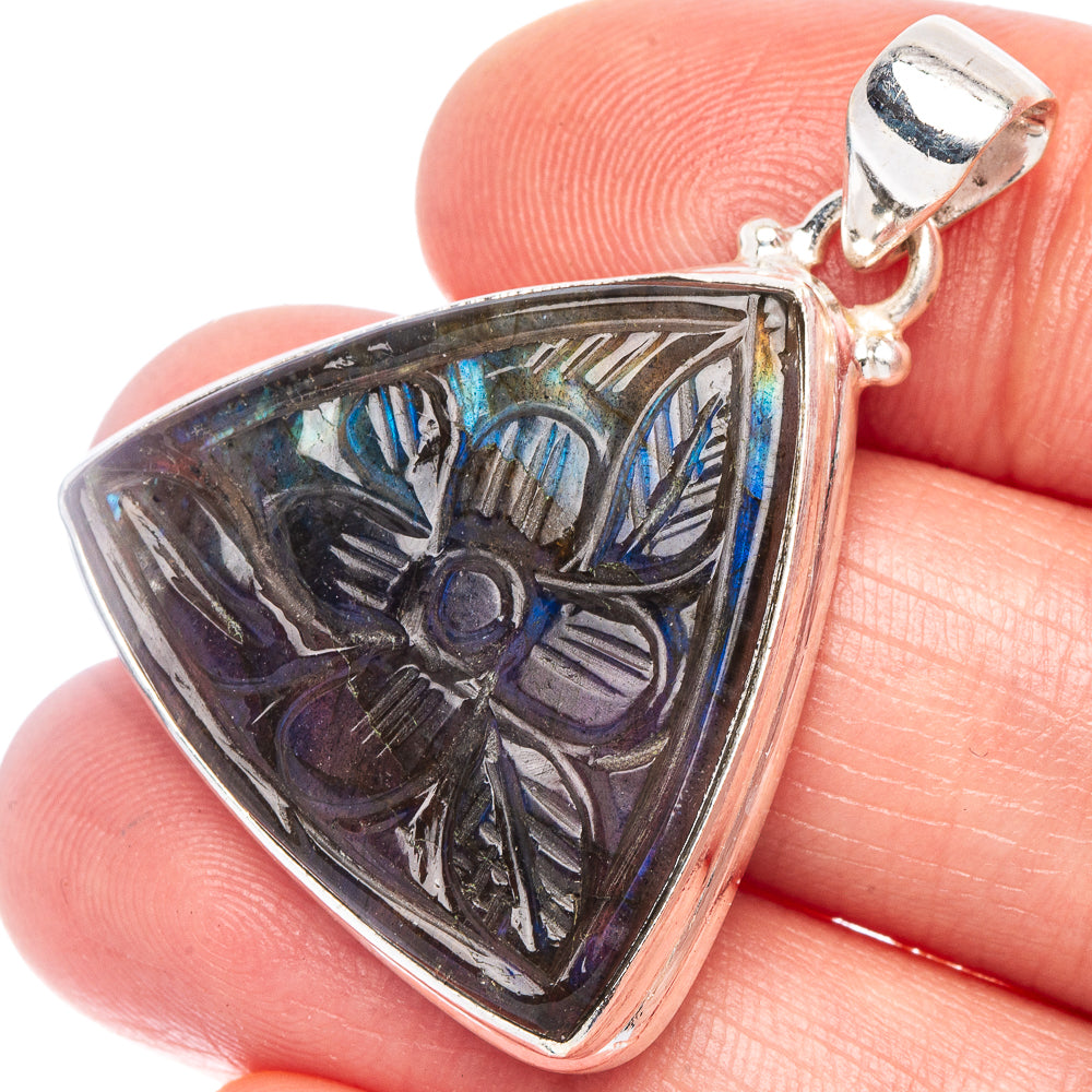 Carved Labradorite Flower Pendant 1 3/8" (925 Sterling Silver) P44311
