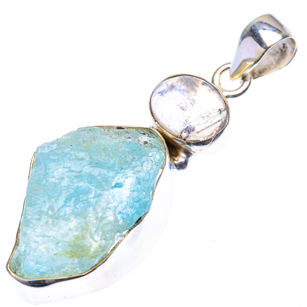 Raw Aquamarine, Rainbow Moonstone Pendant 1 3/4" (925 Sterling Silver) PD38557