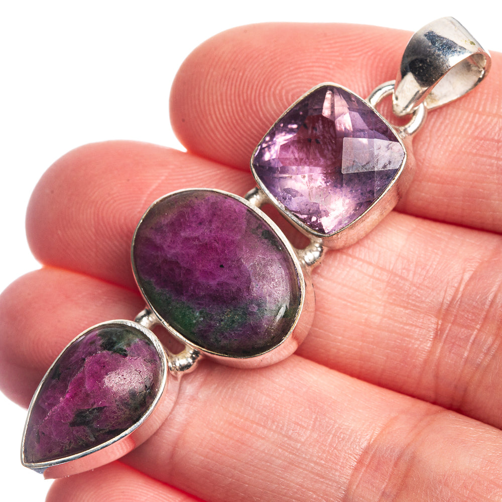 Ruby Zoisite, Amethyst 925 Sterling Silver Pendant 2 1/8"