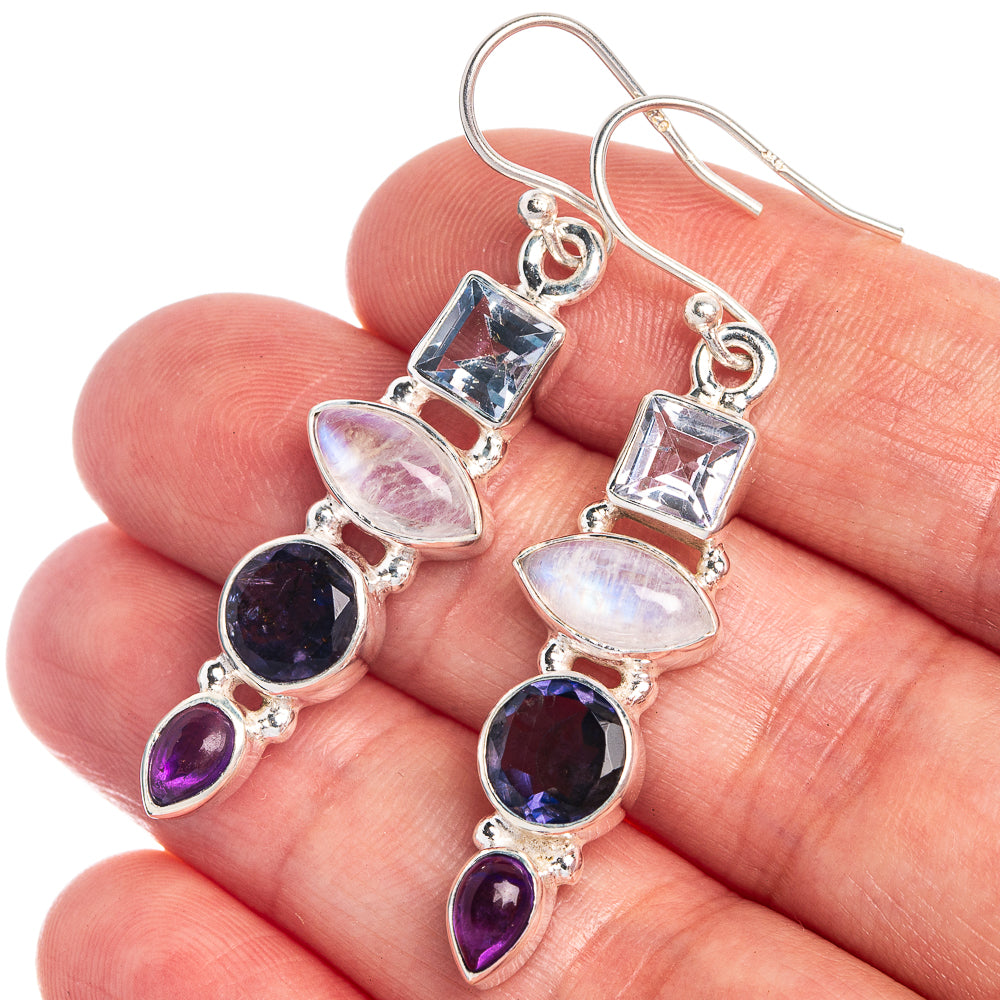Rainbow Moonstone, Tanzanite, Amethyst, Blue Topaz Earrings 1 3/4" (925 Sterling Silver) E433037