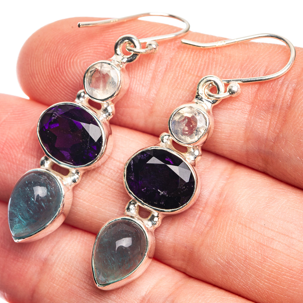 Amethyst, Aquamarine, Rainbow Moonstone Earrings 1 3/4" (925 Sterling Silver) E432649