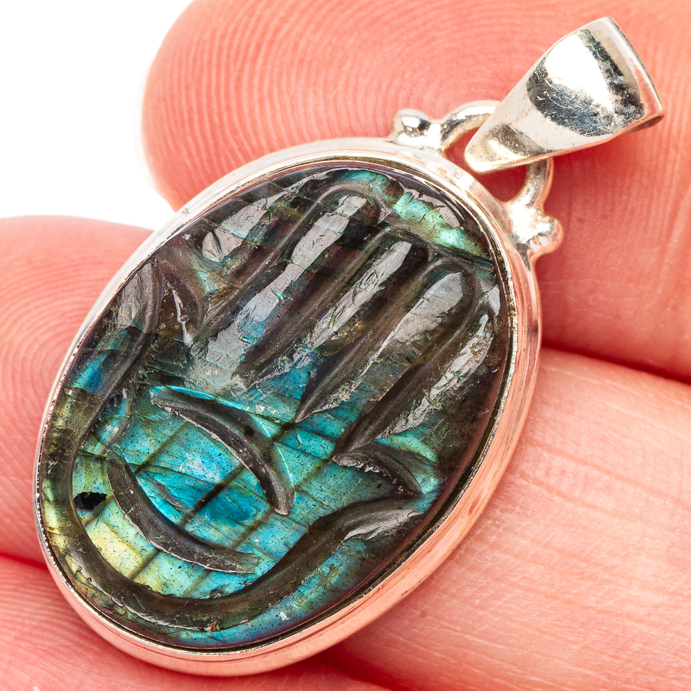 Carved Labradorite Hand Pendant 1 1/4" (925 Sterling Silver) P44163