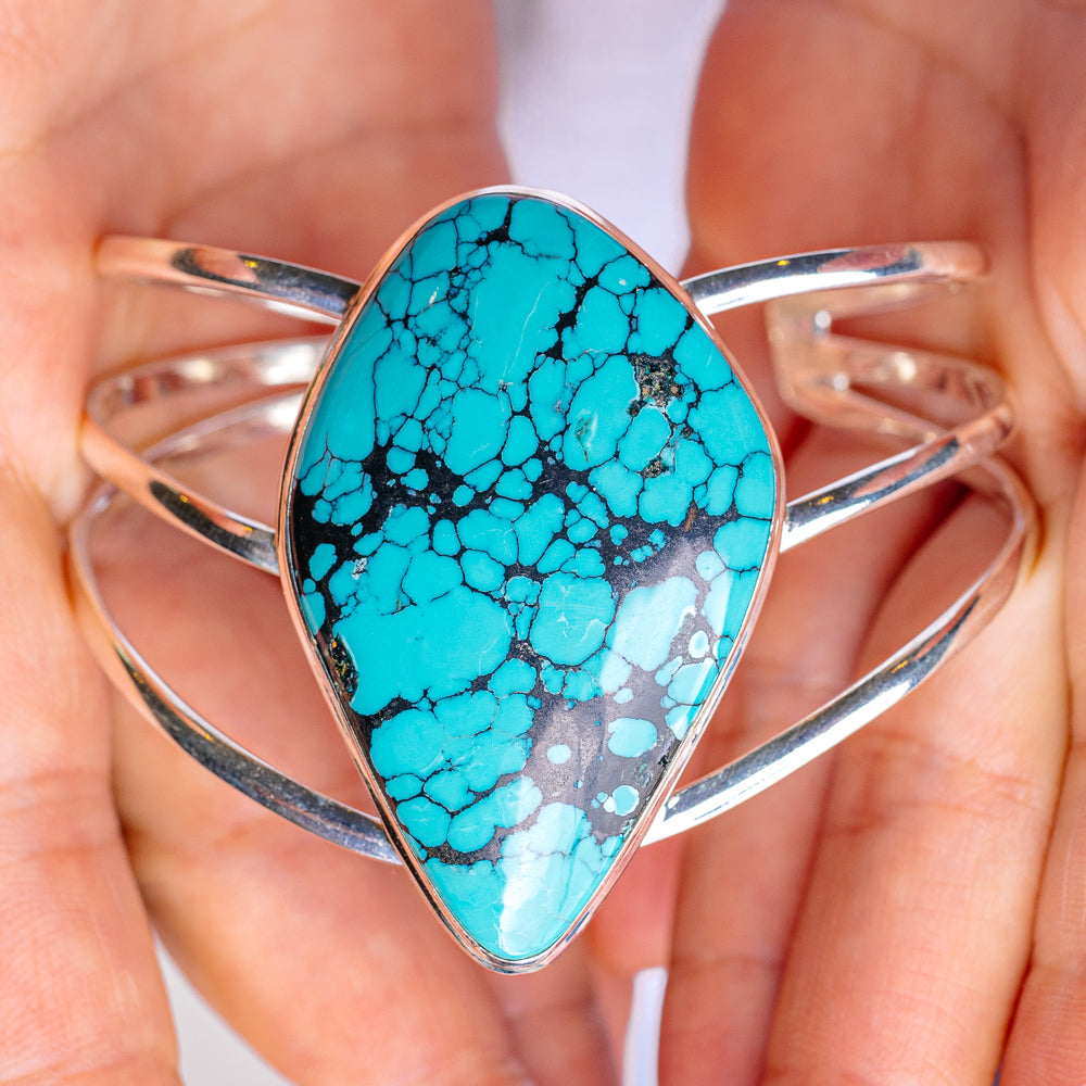 Tibetan Turquoise Cuff Bracelet Adjustable (.925 Sterling Silver)
