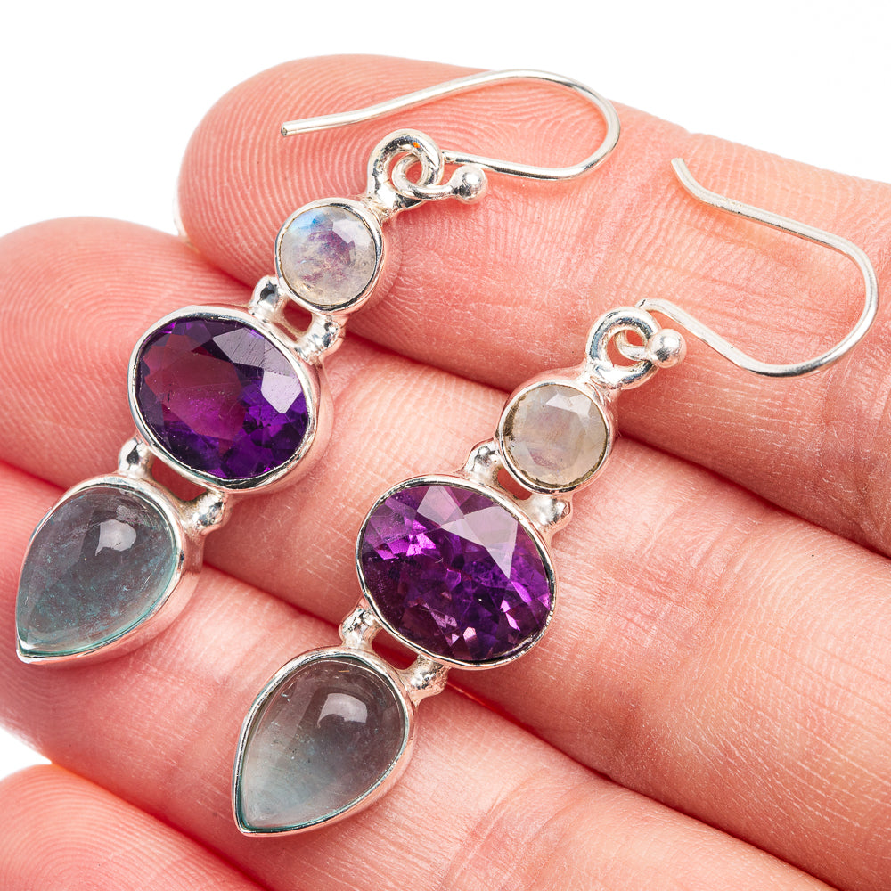 Aquamarine, Brazilian Brazilian Amethyst, Rainbow Moonstone Earrings 1 3/4" (925 Sterling Silver) E432444