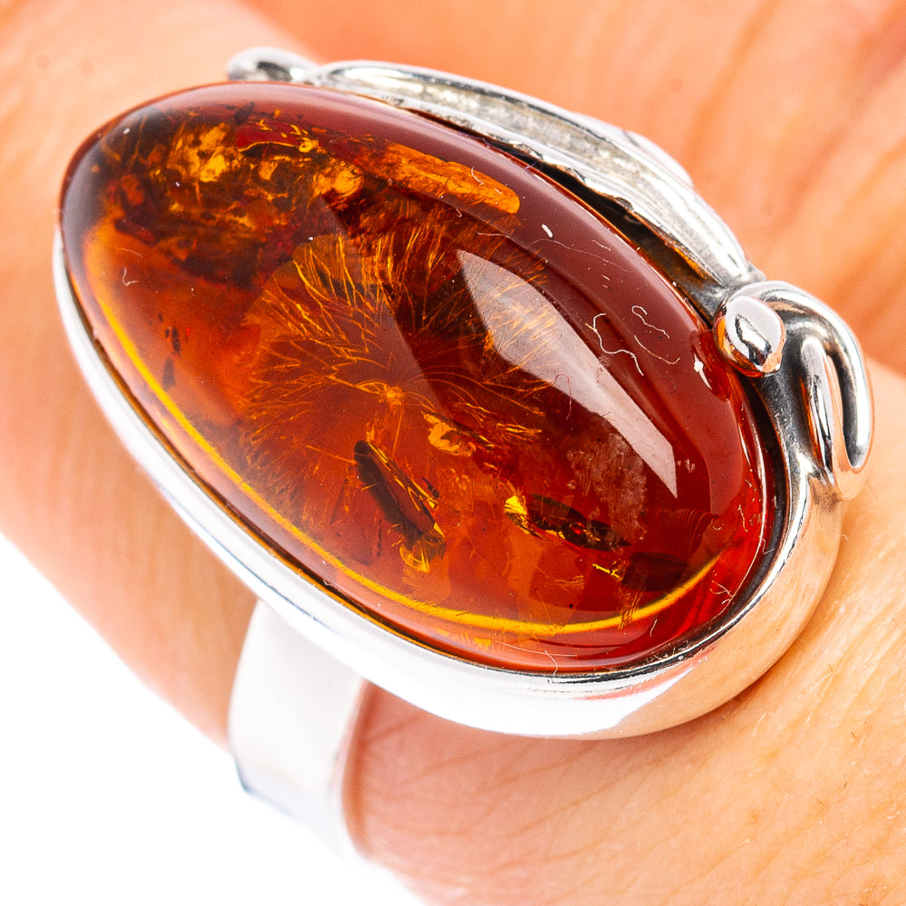 Baltic Amber Leaf Ring Size 7 Adjustable (.925 Sterling Silver)