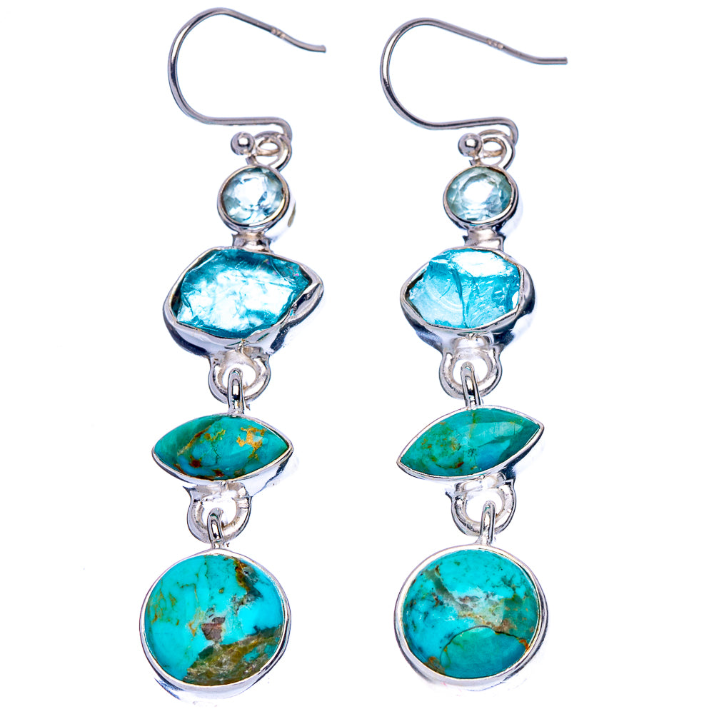 Premium Kingman Turquoise, Blue Topaz Earrings 2 1/4" (925 Sterling Silver) E1773