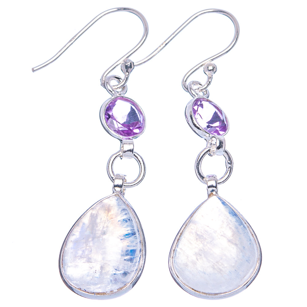 Rainbow Moonstone, Amethyst Earrings 1 3/4" (.925 Sterling Silver)