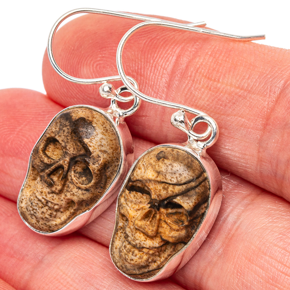 Picture Jasper Skull Earrings 1 3/8" (925 Sterling Silver) E2679