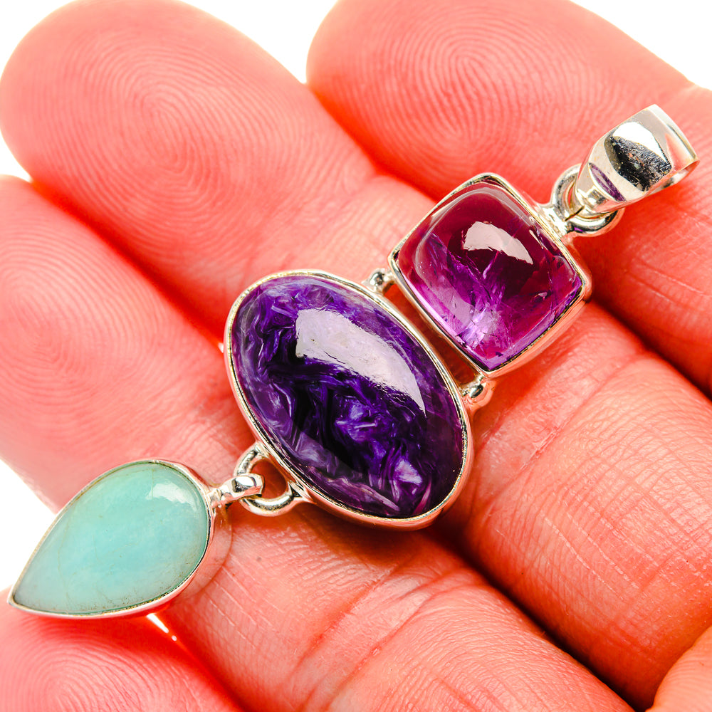 Charoite, Amazonite, Amethyst Pendant 2 1/4" (925 Sterling Silver) PD38205
