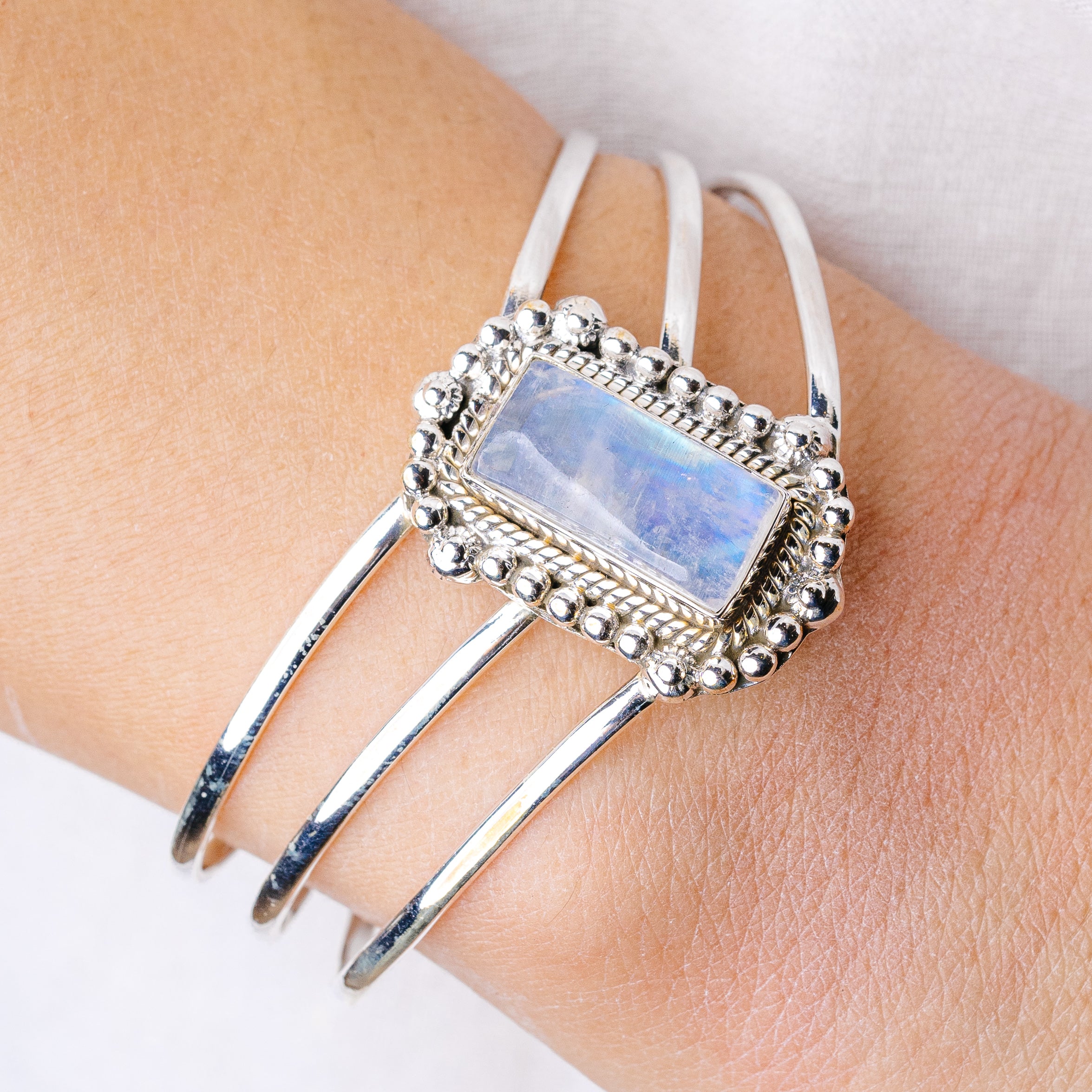 Rainbow Moonstone Cuff Bracelet Adjustable (925 Sterling Silver) B90423