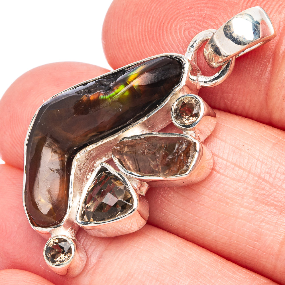 Rare Mexican Fire Agate, Smoky Quartz, Herkimer Diamond Pendant 1 3/8" (925 Sterling Silver) P44350