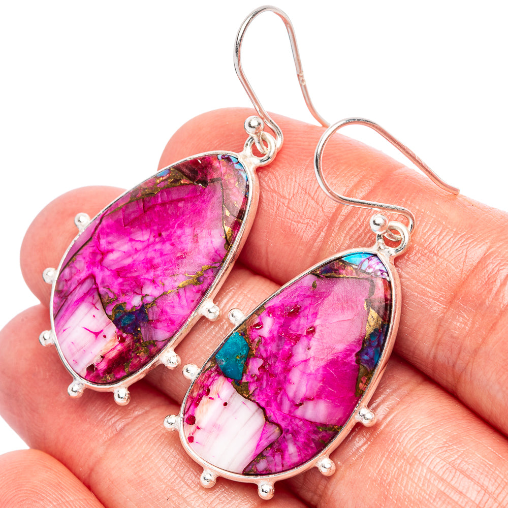 Kingman Pink Dahlia Turquoise Earrings 1 3/4" (925 Sterling Silver) E2344