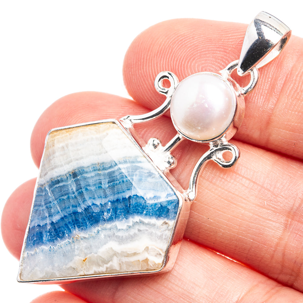 Blue Scheelite, Cultured Pearl Pendant 1 7/8" (925 Sterling Silver) P39033