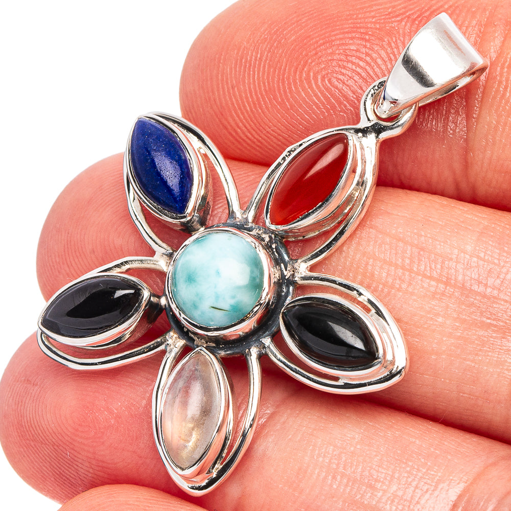 Larimar, Lapis Lazuli, Black Onyx, Carnelian, Rainbow Moonstone Flower 925 Sterling Silver Premium Pendants 1 5/8" (925 Sterling Silver) P43737
