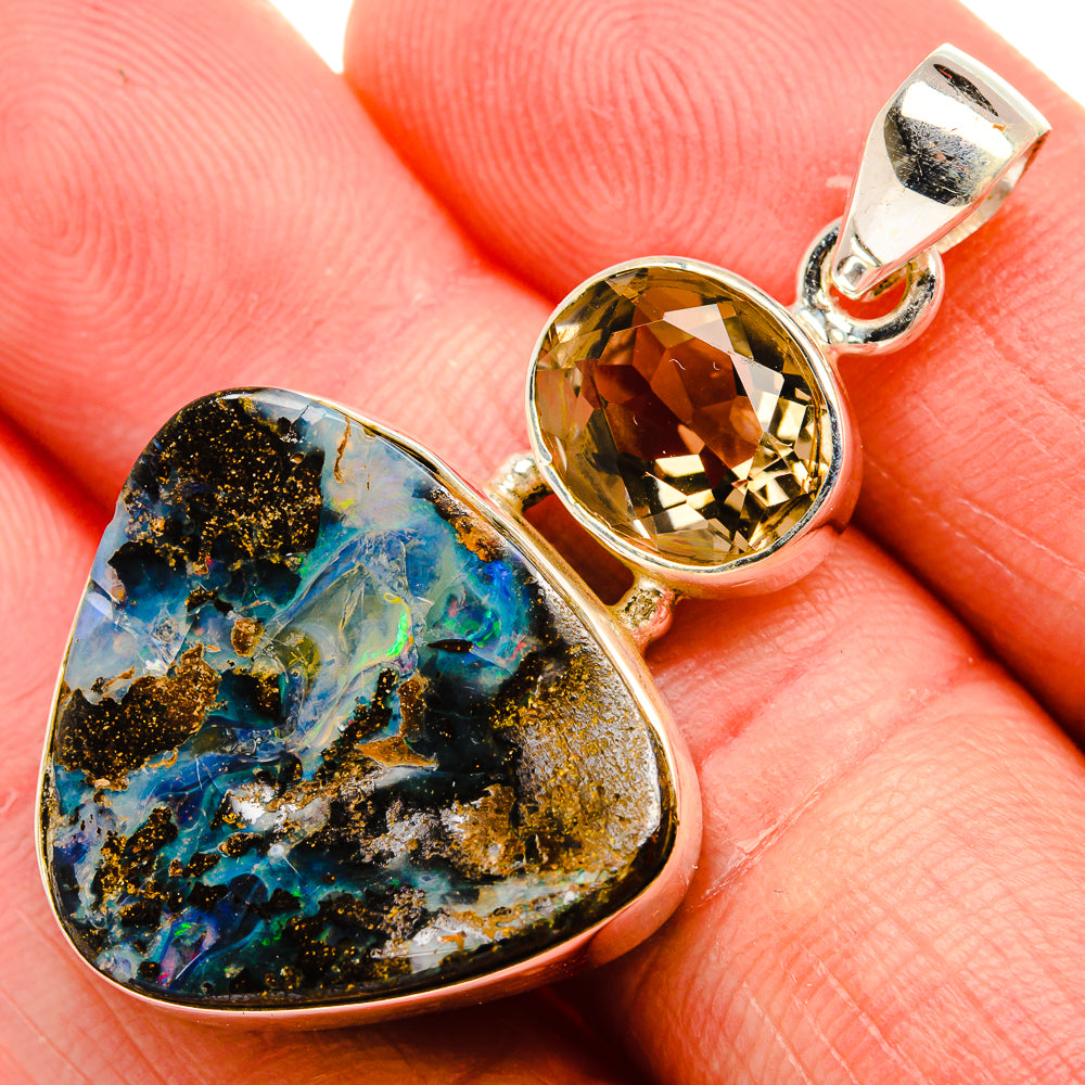 Boulder Opal, Smoky Quartz 925 Sterling Silver Pendant 1 3/4" (925 Sterling Silver) PD38397