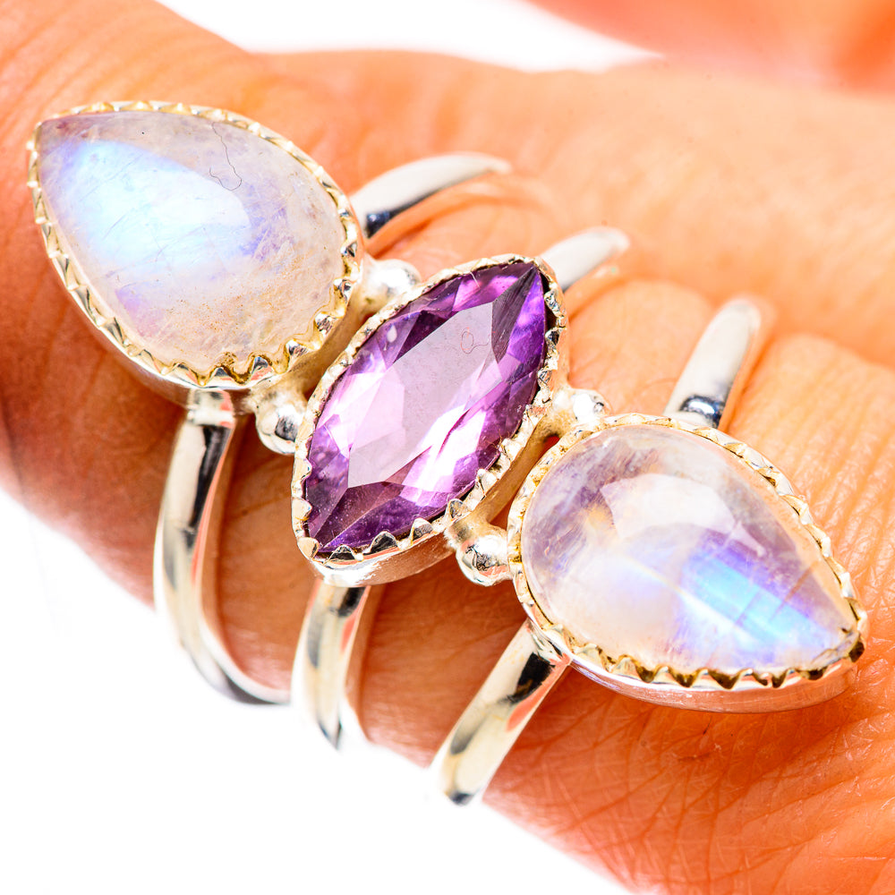 Large Rainbow Moonstone, Amethyst Ring Size 8.25 (925 Sterling Silver) RING138040