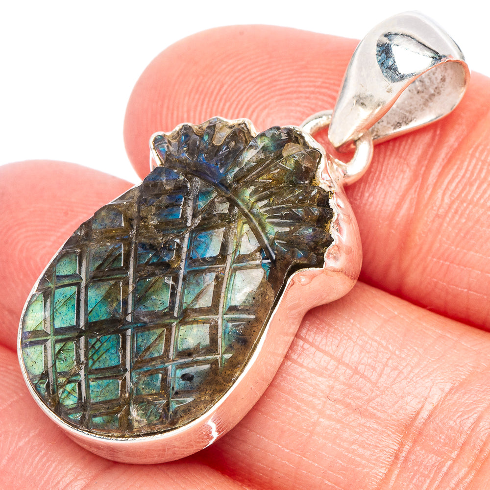 Carved Labradorite Pineapple Pendant 1 3/8" (925 Sterling Silver) P44312