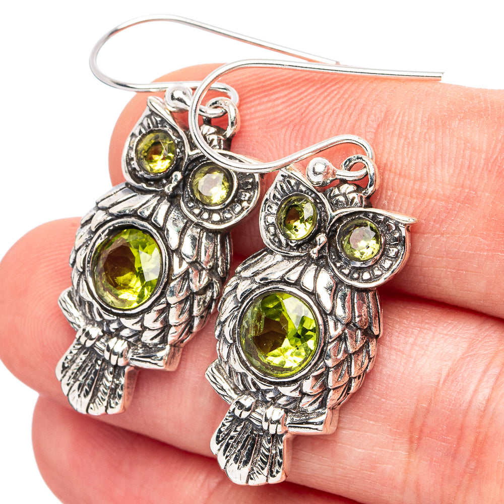 Dainty Peridot Owl Earrings 1 1/2" (925 Sterling Silver) E3041