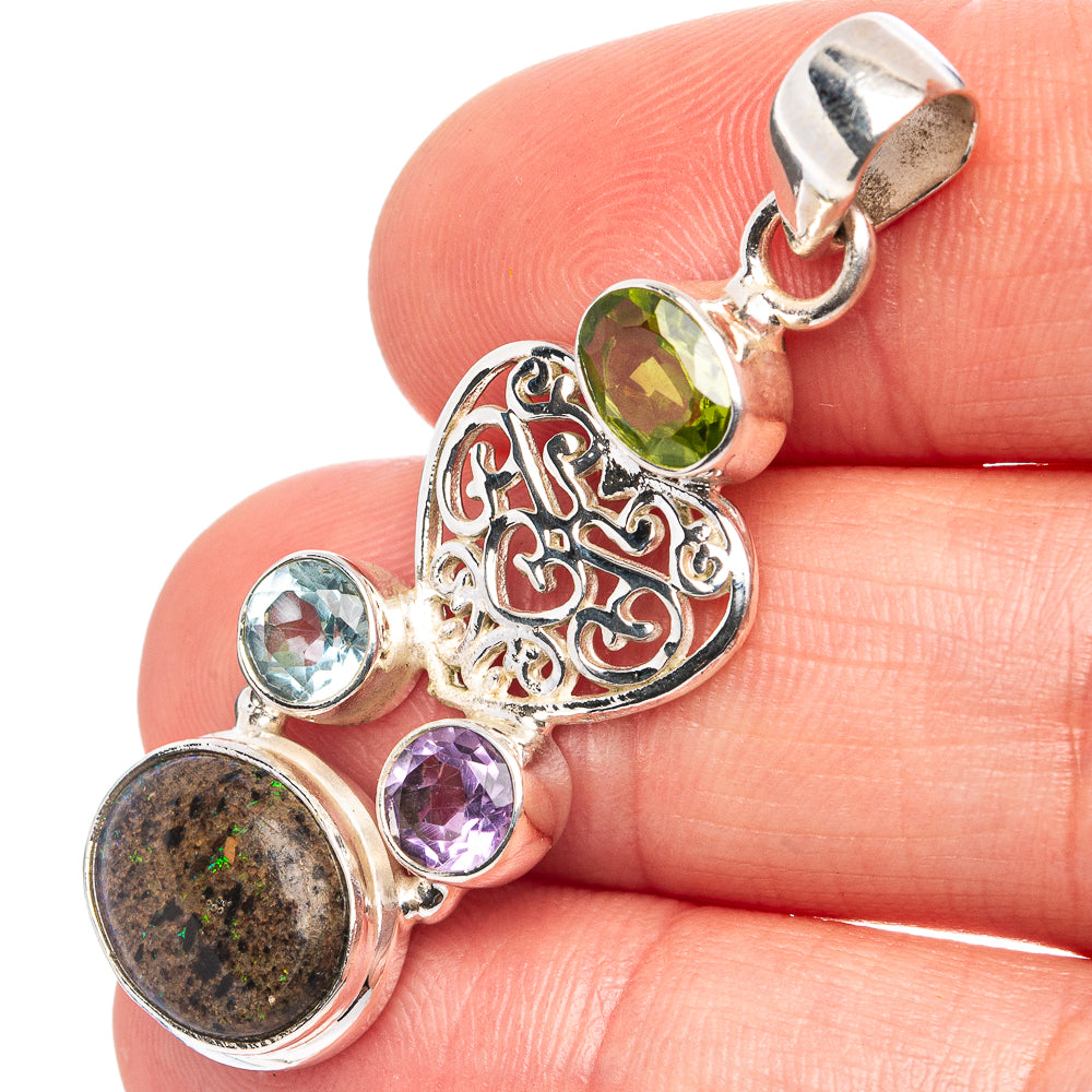 Rare Andamooka Opal Heart, Peridot, Blue Topaz, Amethyst Pendant 1 3/4" (.925 Sterling Silver)