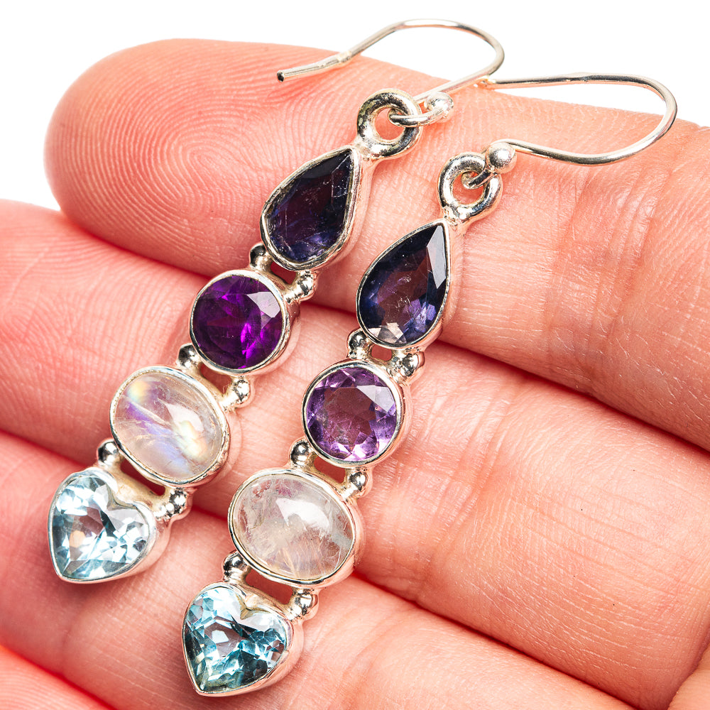 Rainbow Moonstone, Blue Topaz, Amethyst, Tanzanite Earrings 2" (925 Sterling Silver) E432647