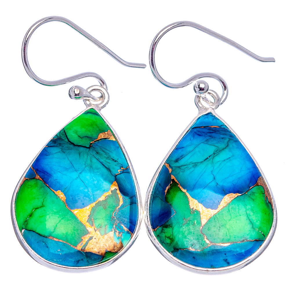 Green Blue Copper Turquoise Earrings 1 1/2" (.925 Sterling Silver)