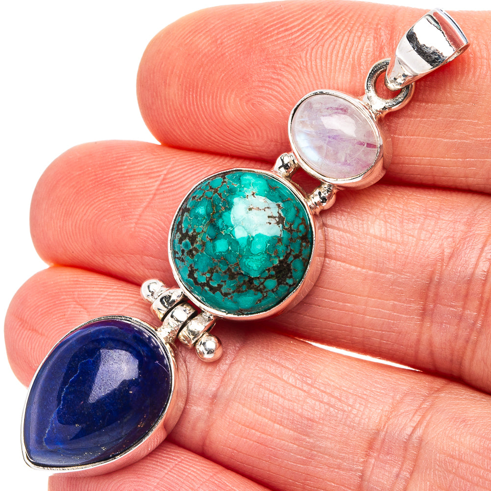 Premium Tibetan Turquoise, Lapis Lazuli Pendant 2 1/8" (.925 Sterling Silver)