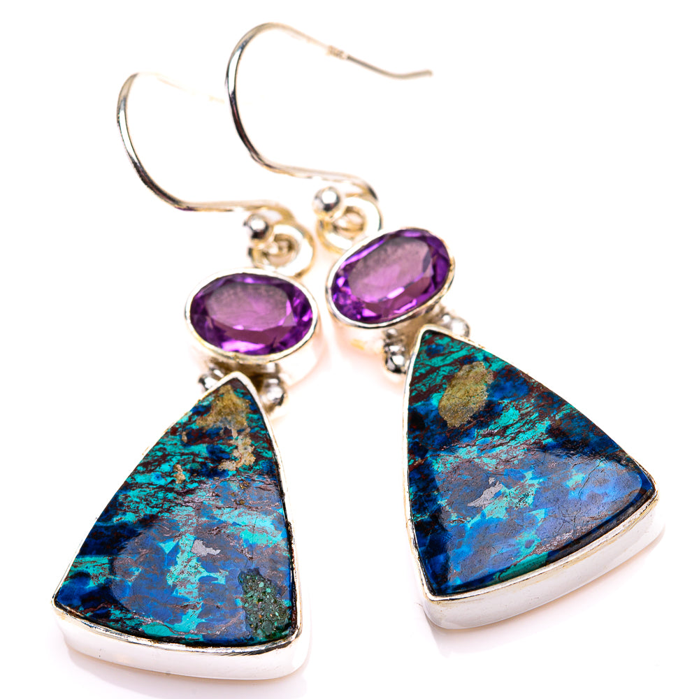 Shattuckite, Amethyst Earrings 1 1/2" (925 Sterling Silver) EARR432186