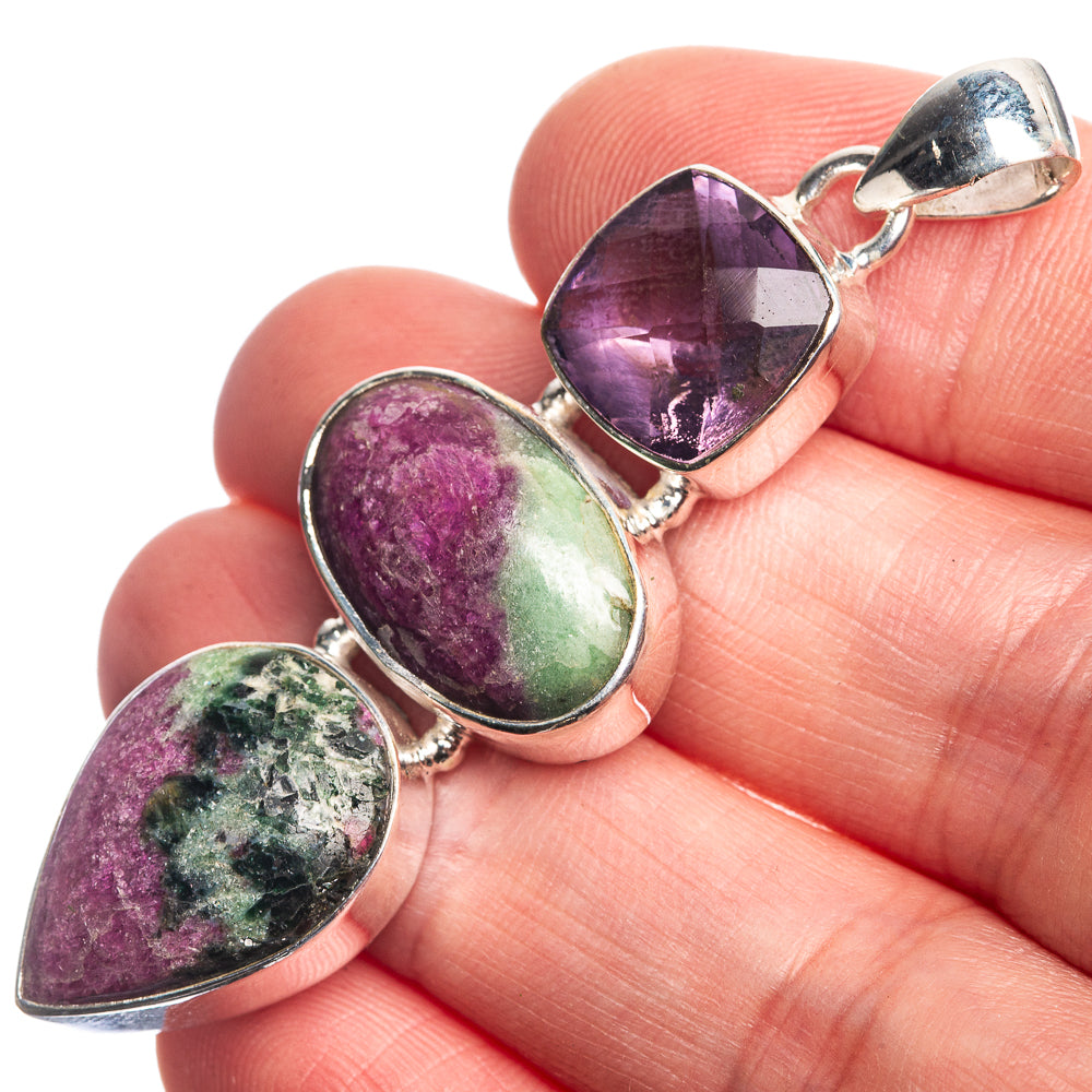 Ruby Zoisite, Amethyst 925 Sterling Silver Pendant 2 1/4"