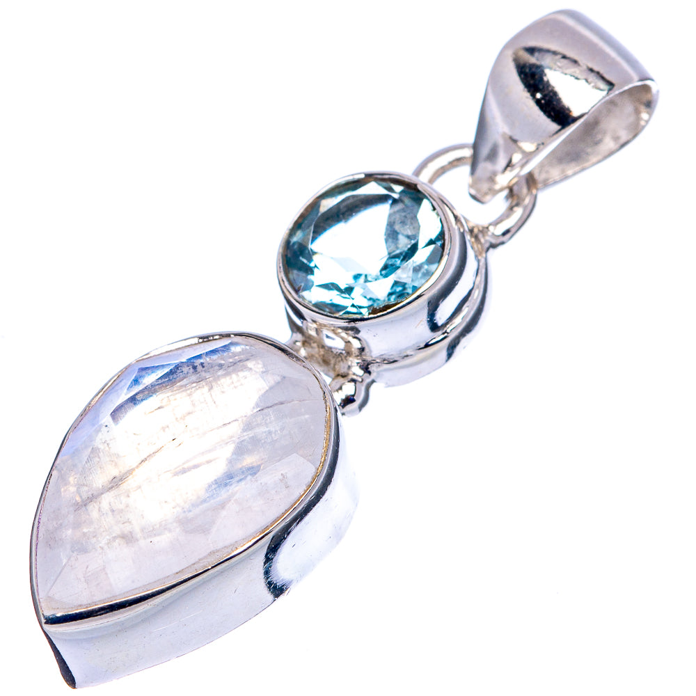 Faceted Rainbow Moonstone , Blue Topaz Pendant 1 3/8" (.925 Sterling Silver)