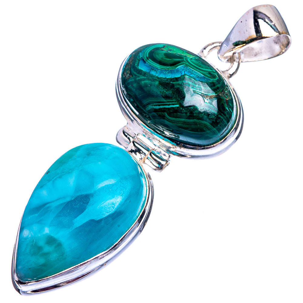 Larimar, Malachite In Chrysocolla Pendant 1 3/4" (925 Sterling Silver) P38969