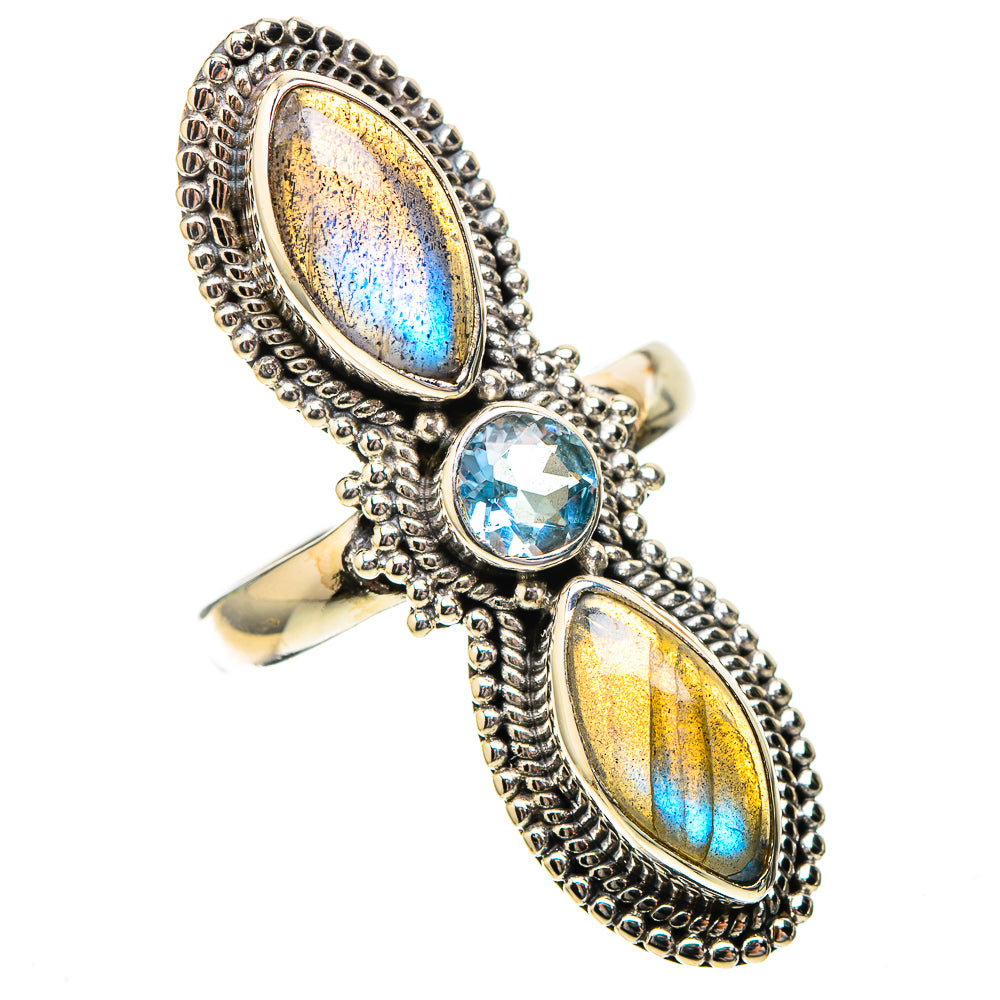 Large Labradorite, Blue Topaz Ring Size 7.25 (925 Sterling Silver) RING138020