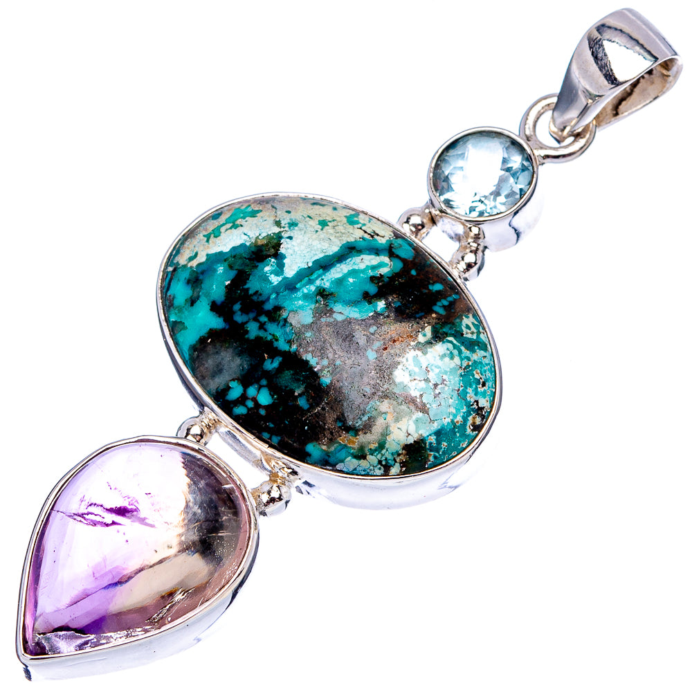 Premium Tibetan Turquoise, Ametrine, Blue Topaz Pendant 2 1/8" (.925 Sterling Silver)
