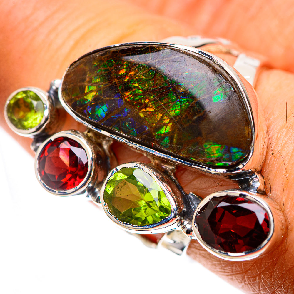 Signature Ammolite, Garnet, Peridot Ring Size 8 (925 Sterling Silver) RING138274