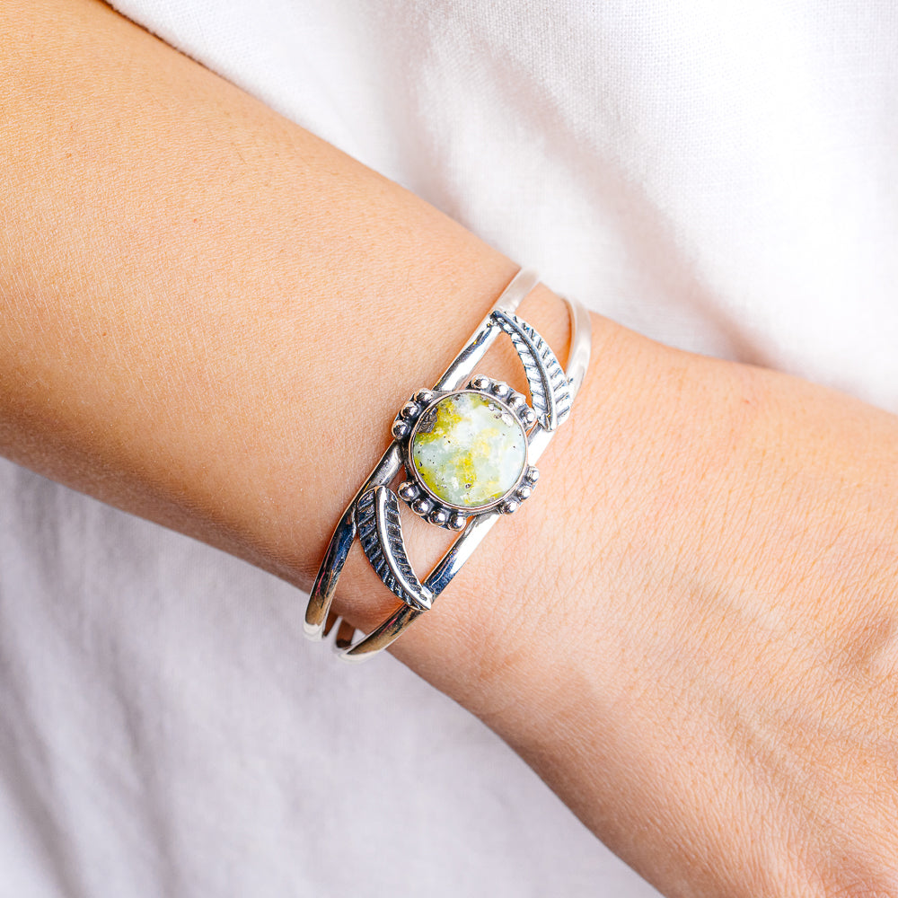 Sonoran Gold Turquoise Native Style Cuff Bracelet Adjustable (.925 Sterling Silver)