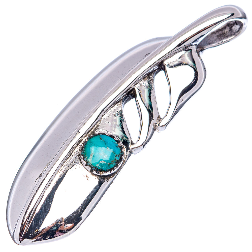 Native Style Mohave Turquoise Feather Pendant 2" (.925 Sterling Silver)