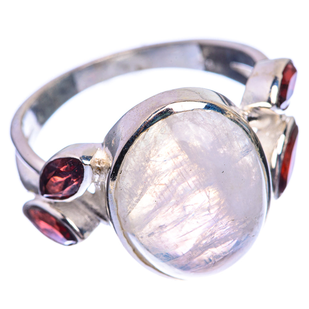 Rainbow Moonstone, Garnet 925 Sterling Silver Ring Size 9.25