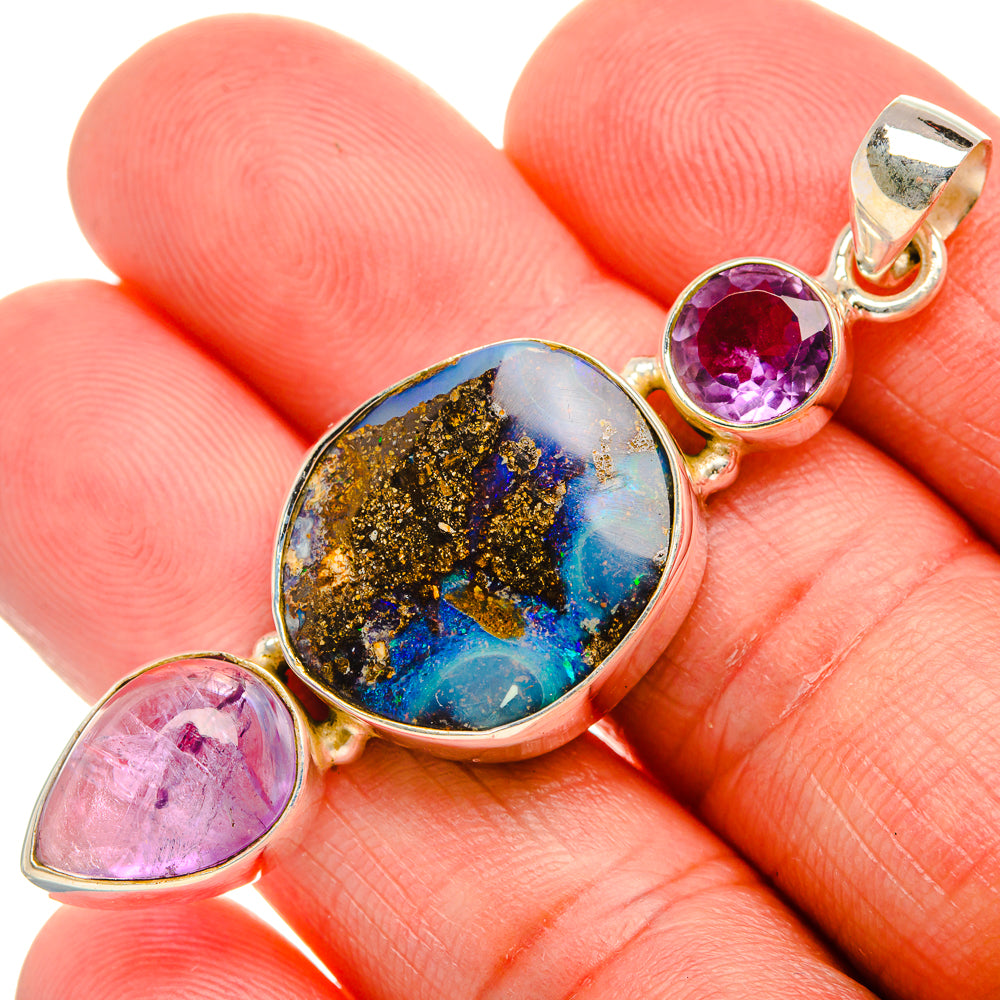 Boulder Opal, Amethyst 925 Sterling Silver Pendant 2 1/4" (925 Sterling Silver) PD38410