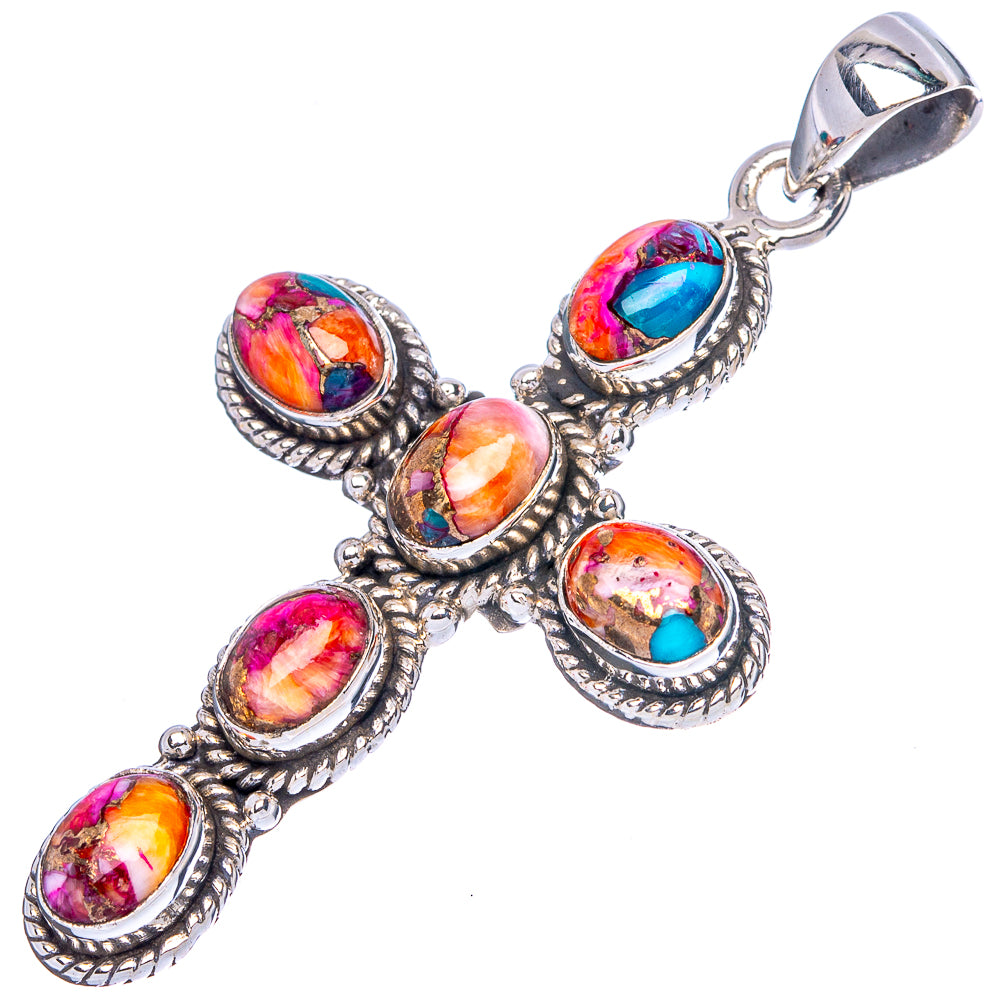 Kingman Pink Dahlia Turquoise Cross Pendant 2" (925 Sterling Silver) P43142