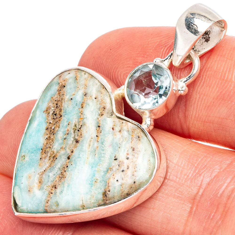 Blue Aragonite, Blue Topaz Heart Pendant 1 5/8" (925 Sterling Silver) P43512