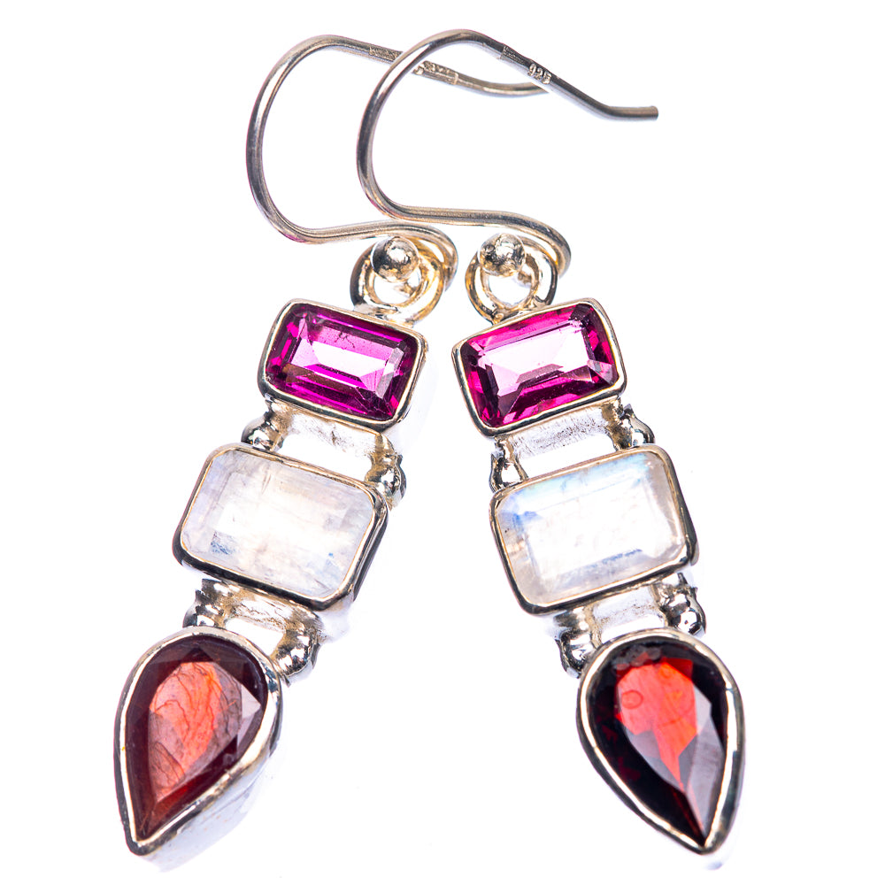 Rainbow Moonstone, Garnet Earrings 1 5/8" (925 Sterling Silver) E432610