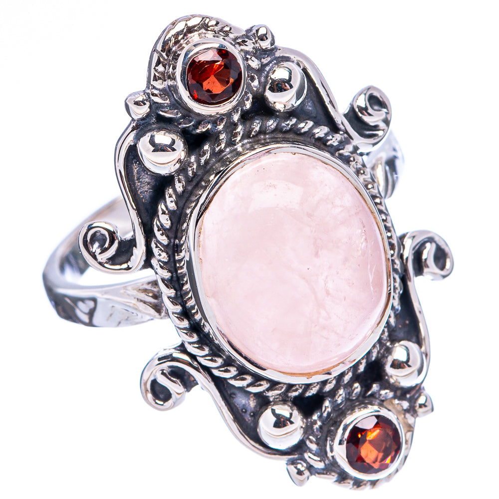 Premium Rose Quartz, Garnet Ring Size 7.75 (.925 Sterling Silver)