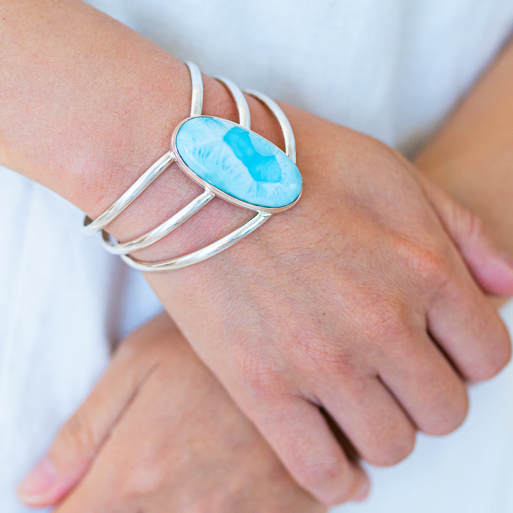 Larimar 925 Sterling Silver Cuff Bracelet Adjustable