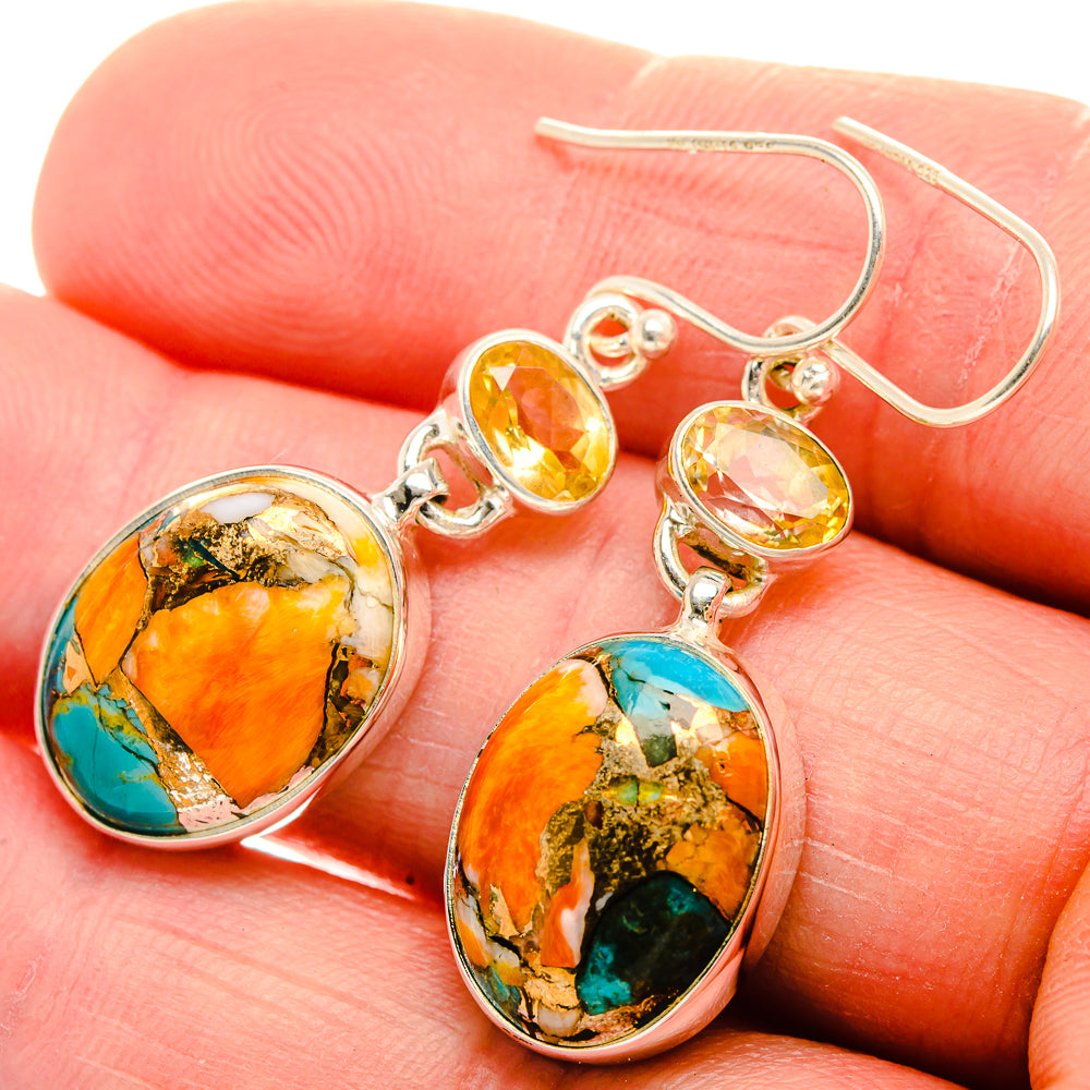 Spiny Oyster Turquoise, Citrine Earrings 1 3/4" (925 Sterling Silver) EARR432118