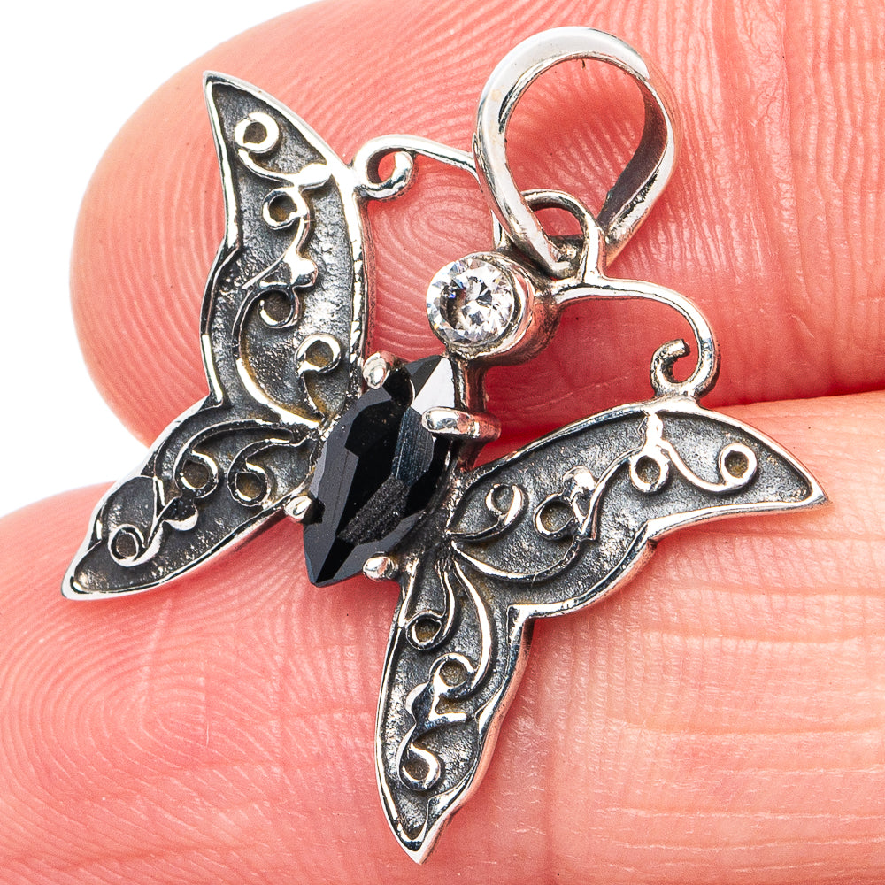 Black Onyx, White Quartz Butterfly Pendant 1" (925 Sterling Silver) P45401