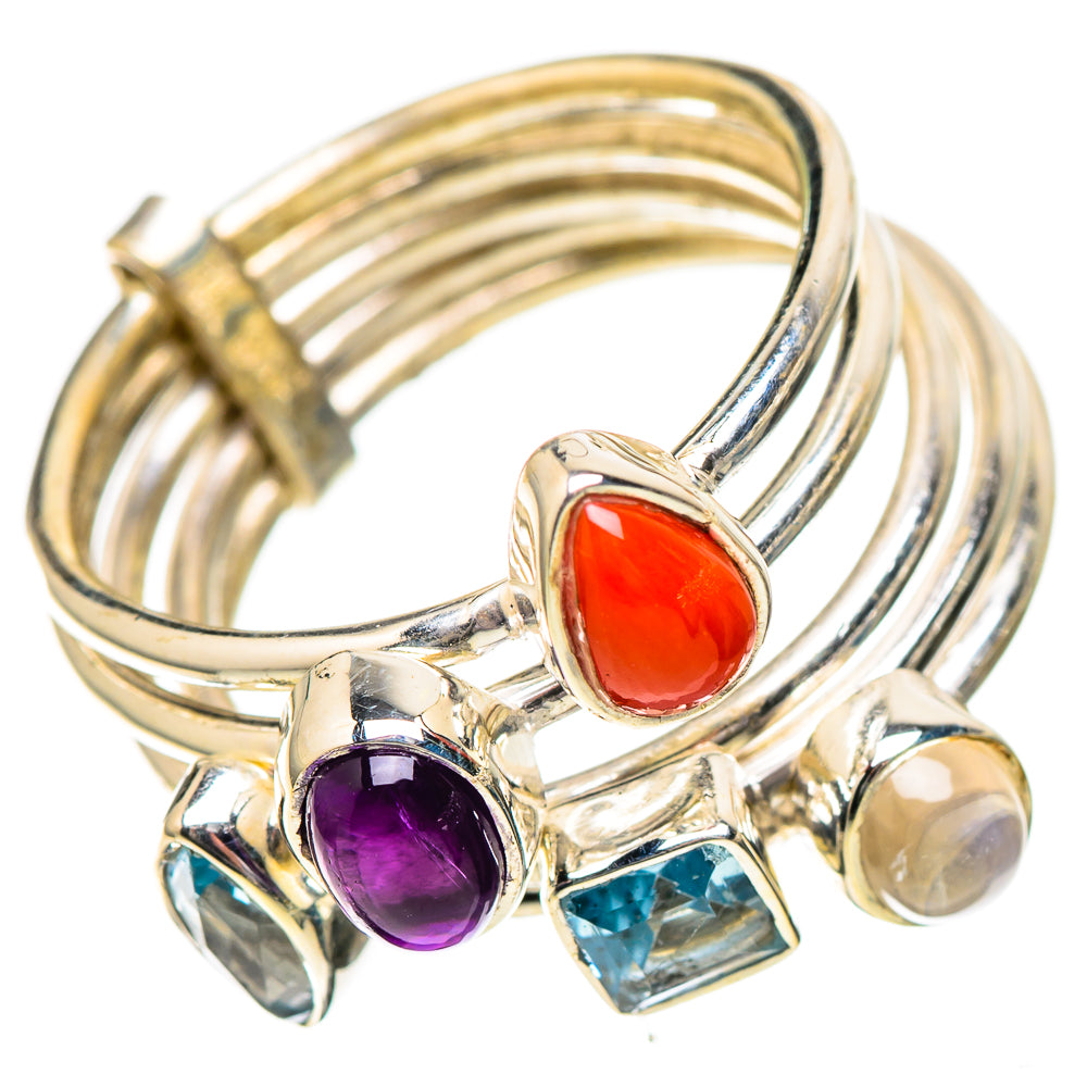 Red Coral, Blue Topaz, Rainbow Moonstone, Red Coral Ring Size 6.5 (925 Sterling Silver) RING137871