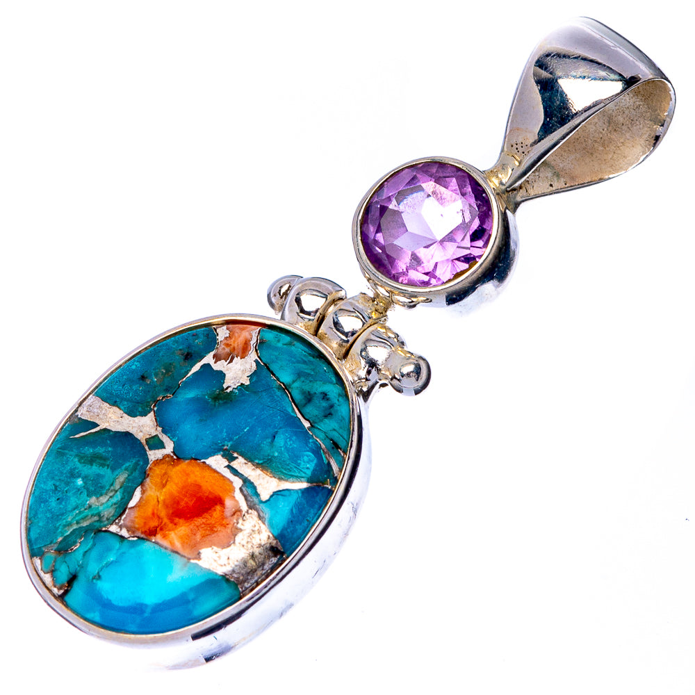 Spiny Oyster Turquoise, Amethyst Pendant 1 3/8" (925 Sterling Silver) P41058