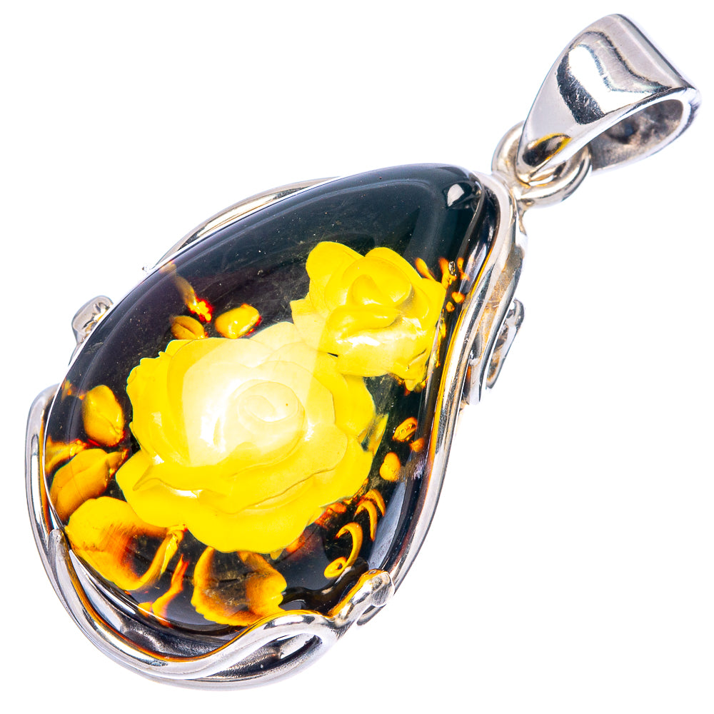 Amber Intaglio Rose Pendant 1 1/2" (925 Sterling Silver) P42555