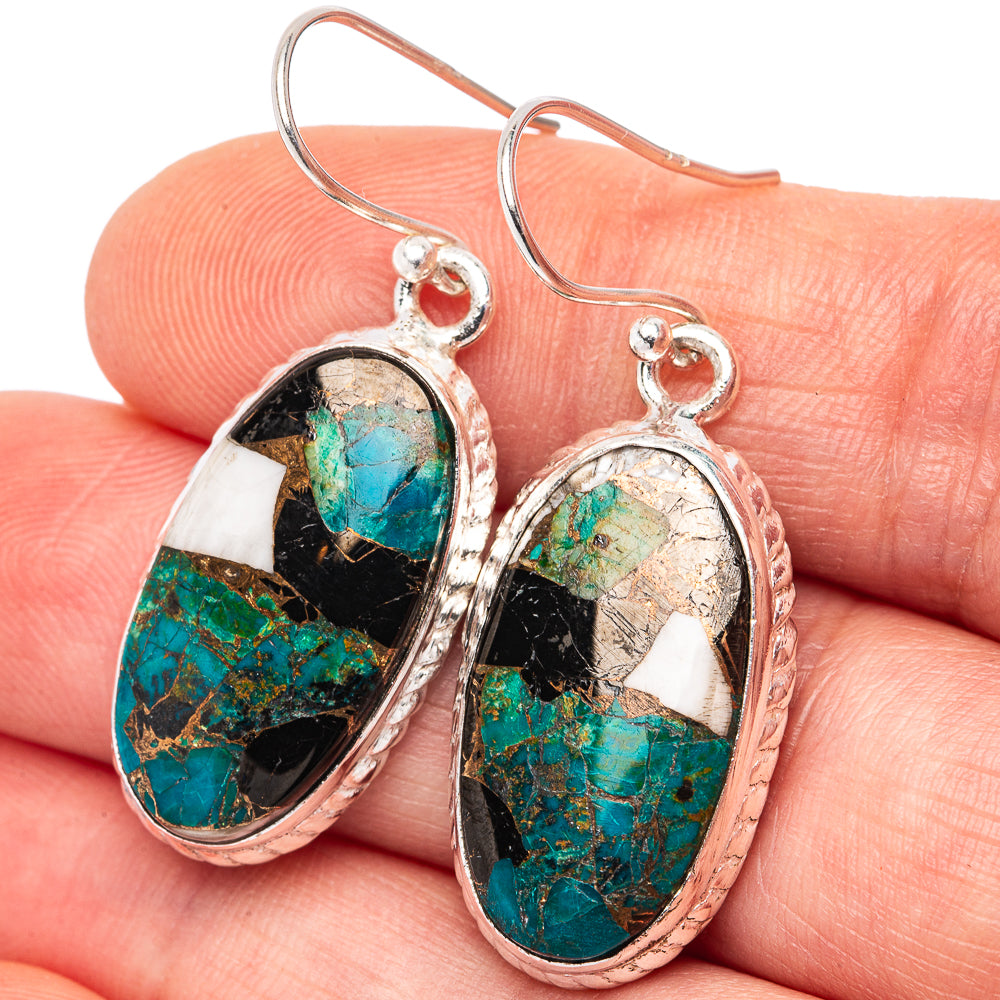 Black Onyx In Chrysocolla Earrings 1 1/2" (.925 Sterling Silver)