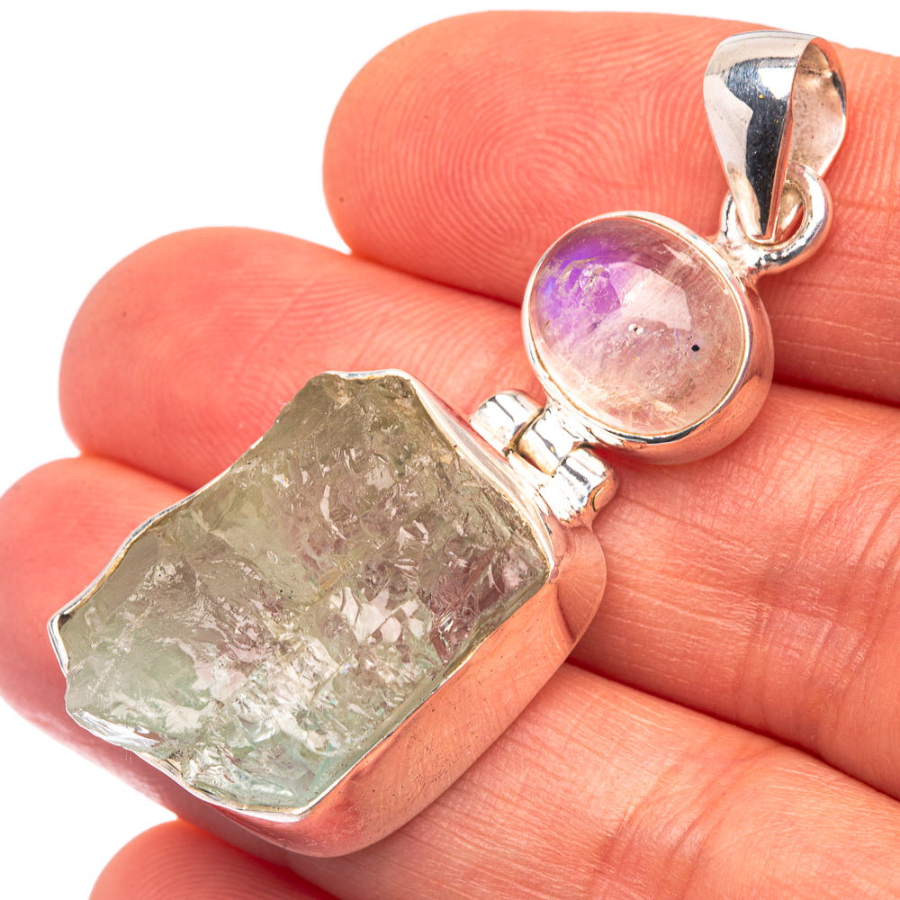 Raw Aquamarine, Rainbow Moonstone 925 Sterling Silver Pendant 1 7/8" (925 Sterling Silver) PD38613